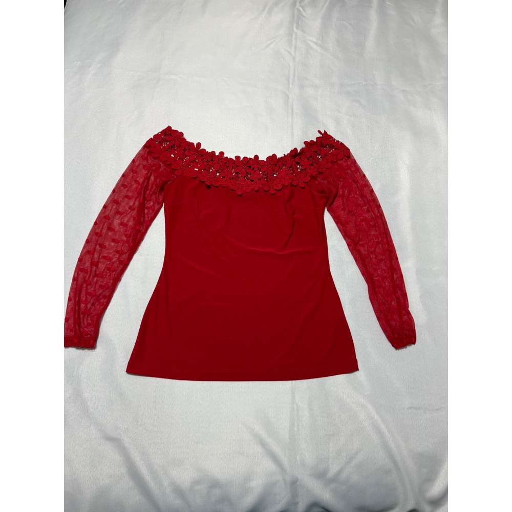 Venus Floral Lace Blouse Red Off The Shoulder Mesh Long Sleeve Top S Coquette